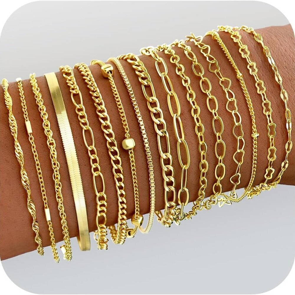 Gold Bracelets Set 16 Pcs Dainty Stackable Cuban Paperclip Link Jewelry for Wome